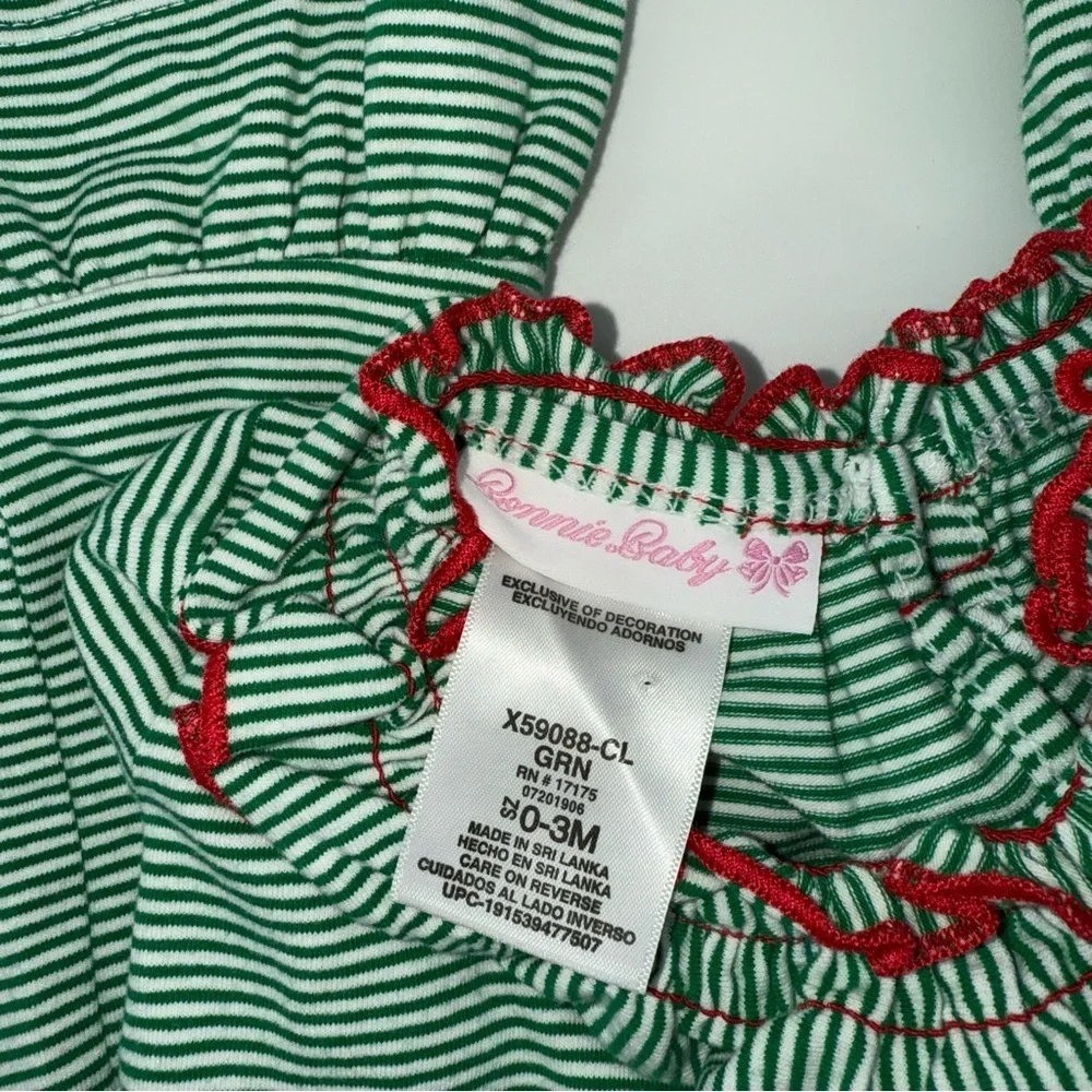 Bonnie Baby Green Striped Santa Baby Romper